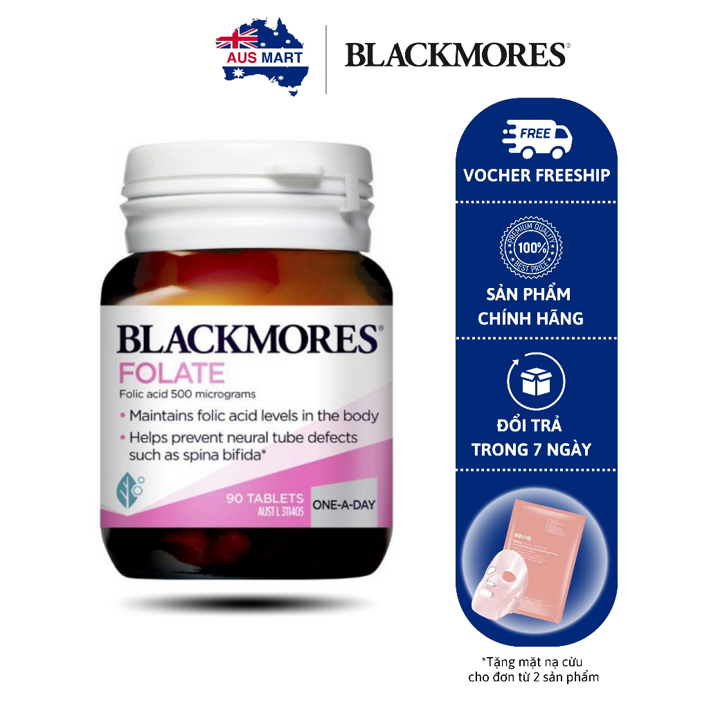 Viên uống chống dị tật thai nhi Blackmores Folate 500mcg, Úc (90 viên) Mẹ tròn con vuông