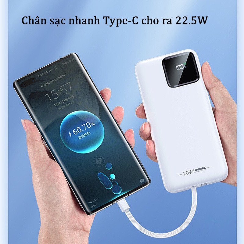 Pin sạc dự phòng RPP 500 dung lượng 10000mAh kèm 2 dây cáp sạc nhanh 22.5W màn hình LED tráng gương hiển thị phần trăm