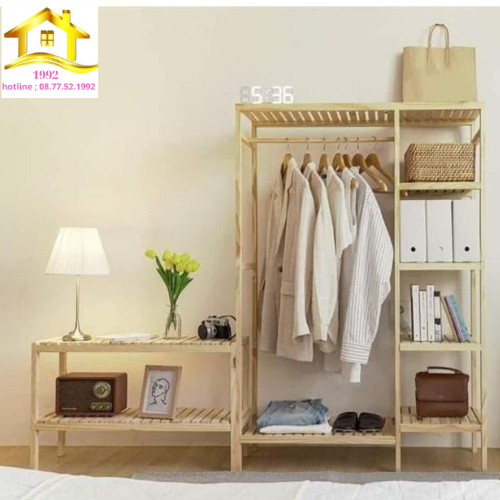 Tủ Treo Quần Áo 2 Buồng Gỗ Thông - Kệ Treo Quần Áo _ Đa Năng