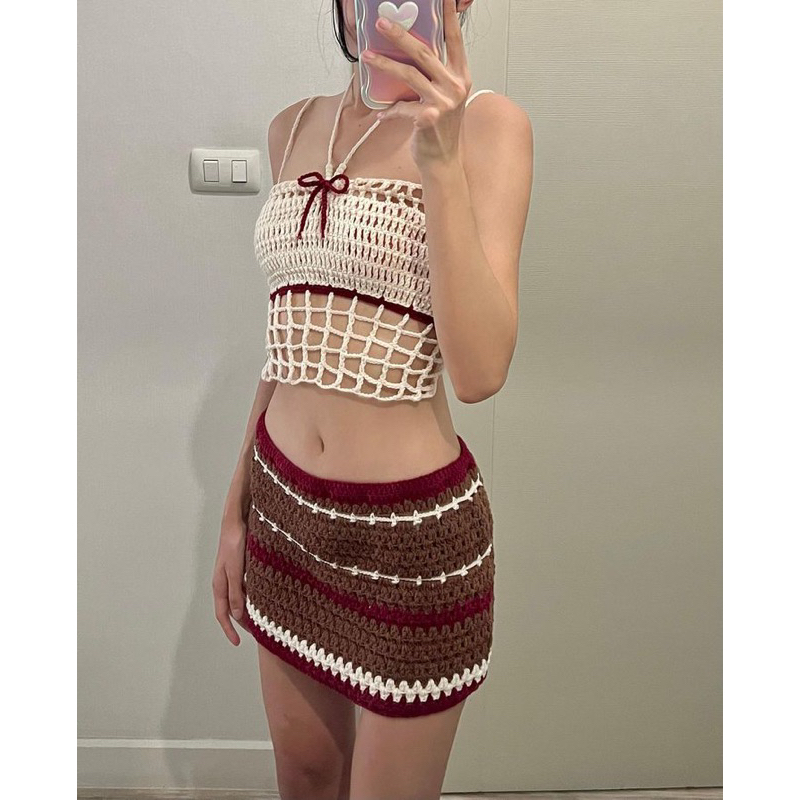 Amormio | Bennyeset TOP + SKIRT | Set bikini len móc thủ công phối màu