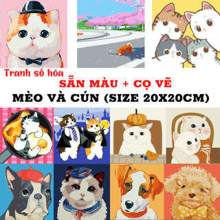 Tranh sơn dầu tô màu theo số Mèo con dễ thương size 20x20cm, Tranh số hóa tô màu theo số hoạt hình