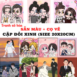 Tranh sơn dầu tô màu theo số cặp đôi tình yêu Couple size 20x20cm, Tranh số hóa tô màu theo số hoạt hình