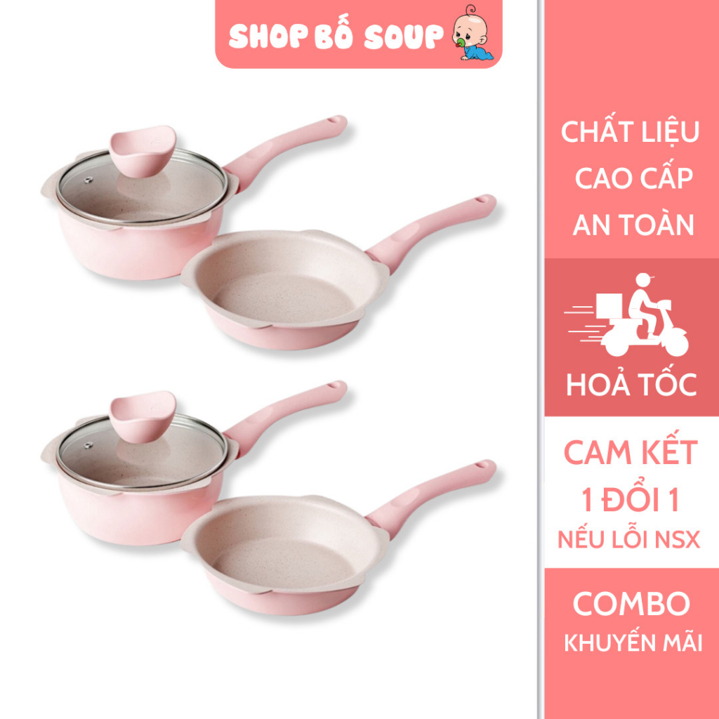 Bộ nồi chảo đá hình hoa cho bé ăn dặm cao cấp chống dính kèm lồng hấp nấu chế biến đồ gia đình dùng được bếp từ