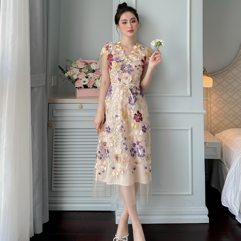 Đầm Thiết Kế MAY CH70 Chất Liệu Ren Hoa 3D Cao Cấp - Đầm Dự Tiệc Sang Trọng Chuẩn MAY