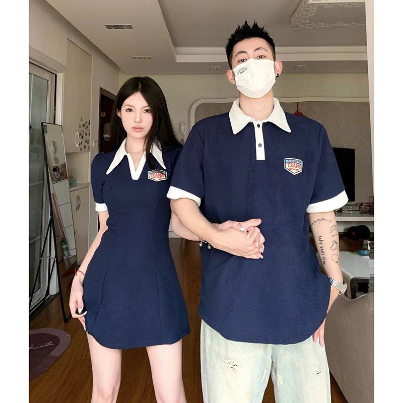 Đồ đôi nam nữ couple Set áo váy cặp Polo chất vải cotton cao cấp màu xanh than thêu logo hàng Quảng Châu C019
