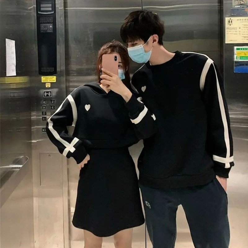 Set đồ đôi nam nữ áo váy cặp Hoodie thu đông dài tay màu đen thêu trái tim chất vải nỉ bên trong lót lông dày đẹp C109