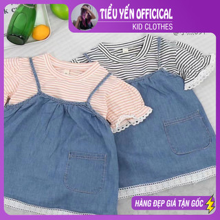 Váy bé gái, váy yếm jean xanh áo kẻ cho bé gái từ 9 -20kg v091 | tiểu yến kid
