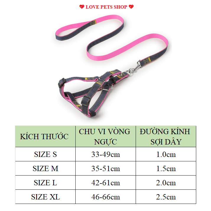 Bộ dây dắt cho Chó Mèo kèm yếm dây bằng vải jean 2 lớp - Love Pets Shop