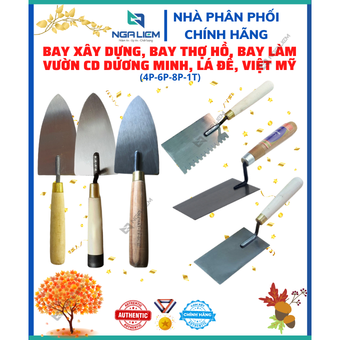 Bay xây dựng, bay thợ hồ, bay làm vườn, thép cao cấp, cán gỗ hiệu CD Dương Minh, Việt Mỹ, Lá Đề, 4 kích cỡ 4, 6, 8, 10cm