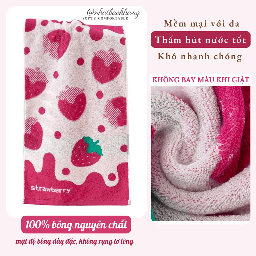 Khăn mặt Cotton cao cấp Họa tiết Kem Dâu Tây 70x35cm, 100% từ sợi bông nguyên chất mềm mại, không rụng lông