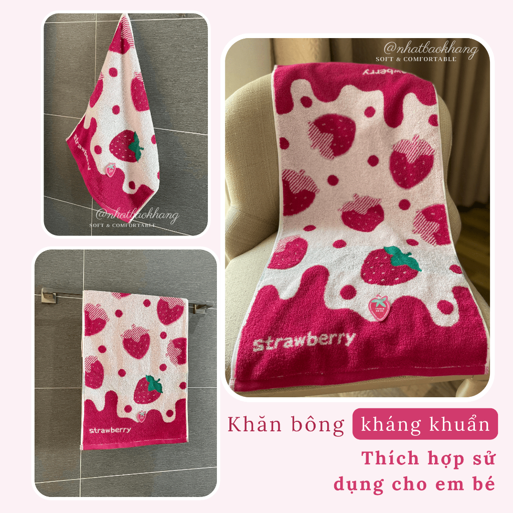 Khăn mặt Cotton cao cấp Họa tiết Kem Dâu Tây 70x35cm, 100% từ sợi bông nguyên chất mềm mại, không rụng lông