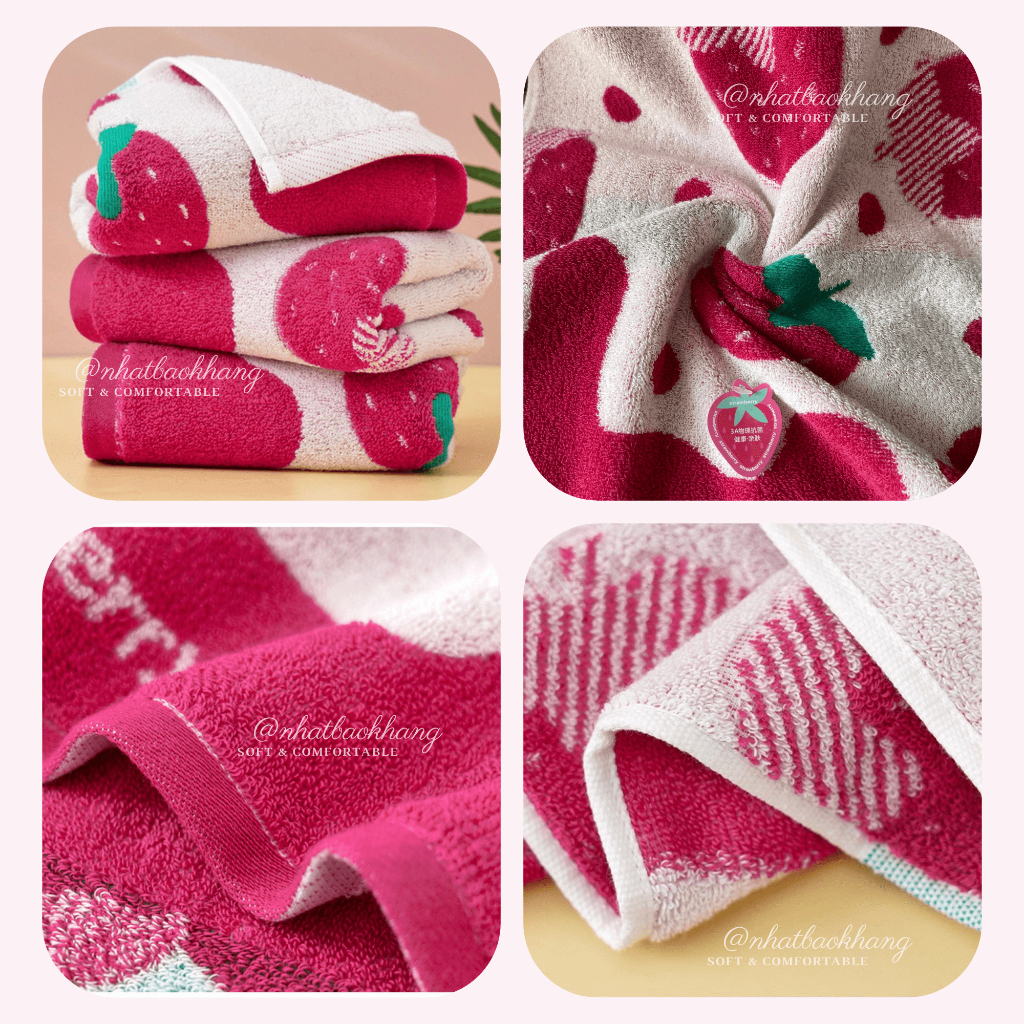 Khăn mặt Cotton cao cấp Họa tiết Kem Dâu Tây 70x35cm, 100% từ sợi bông nguyên chất mềm mại, không rụng lông