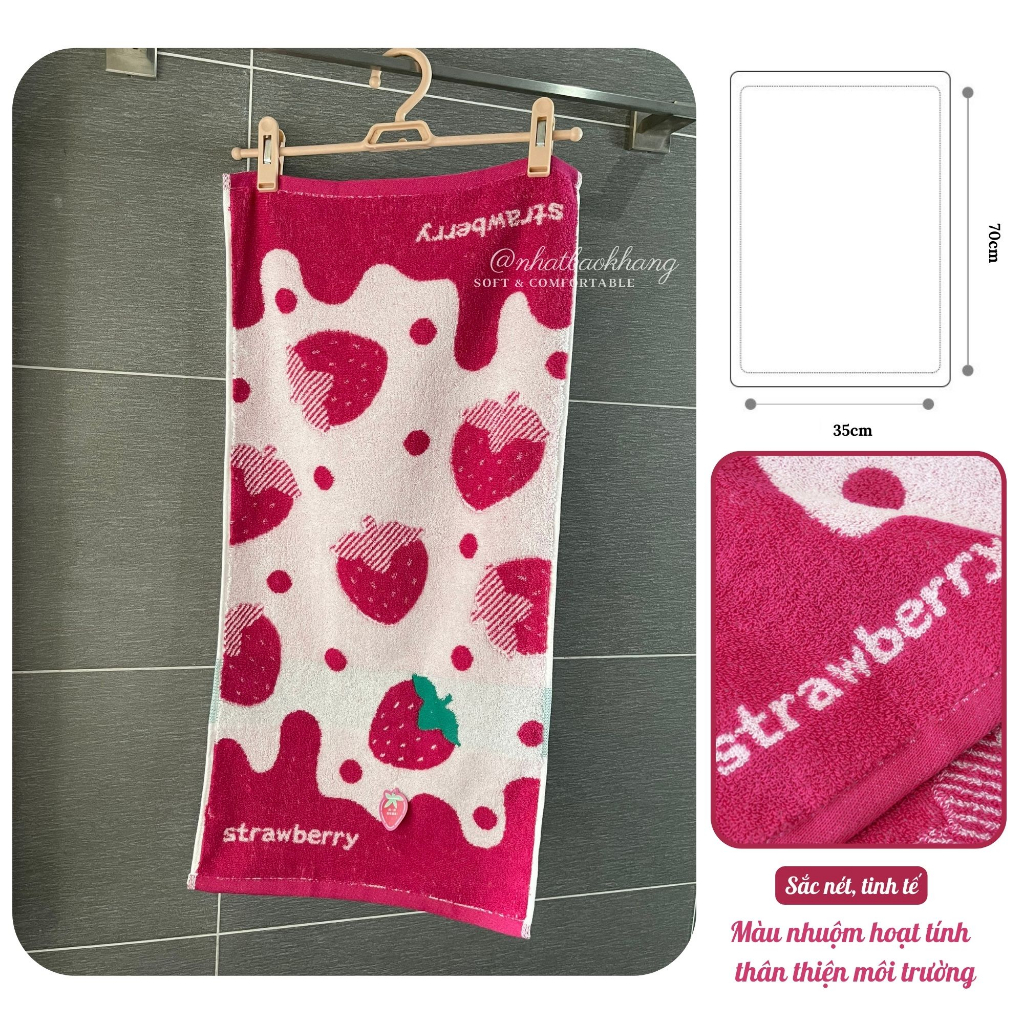 Khăn mặt Cotton cao cấp Họa tiết Kem Dâu Tây 70x35cm, 100% từ sợi bông nguyên chất mềm mại, không rụng lông