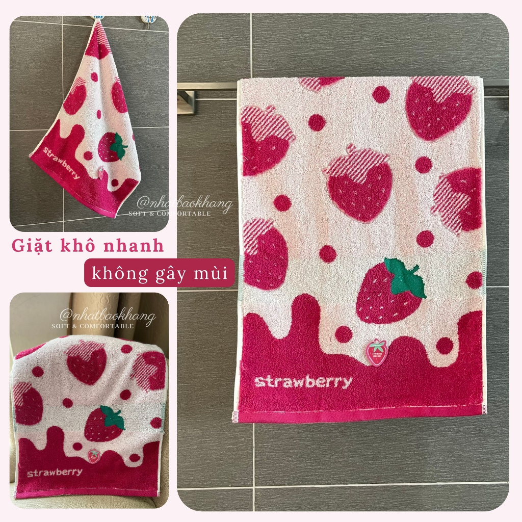 Khăn mặt Cotton cao cấp Họa tiết Kem Dâu Tây 70x35cm, 100% từ sợi bông nguyên chất mềm mại, không rụng lông