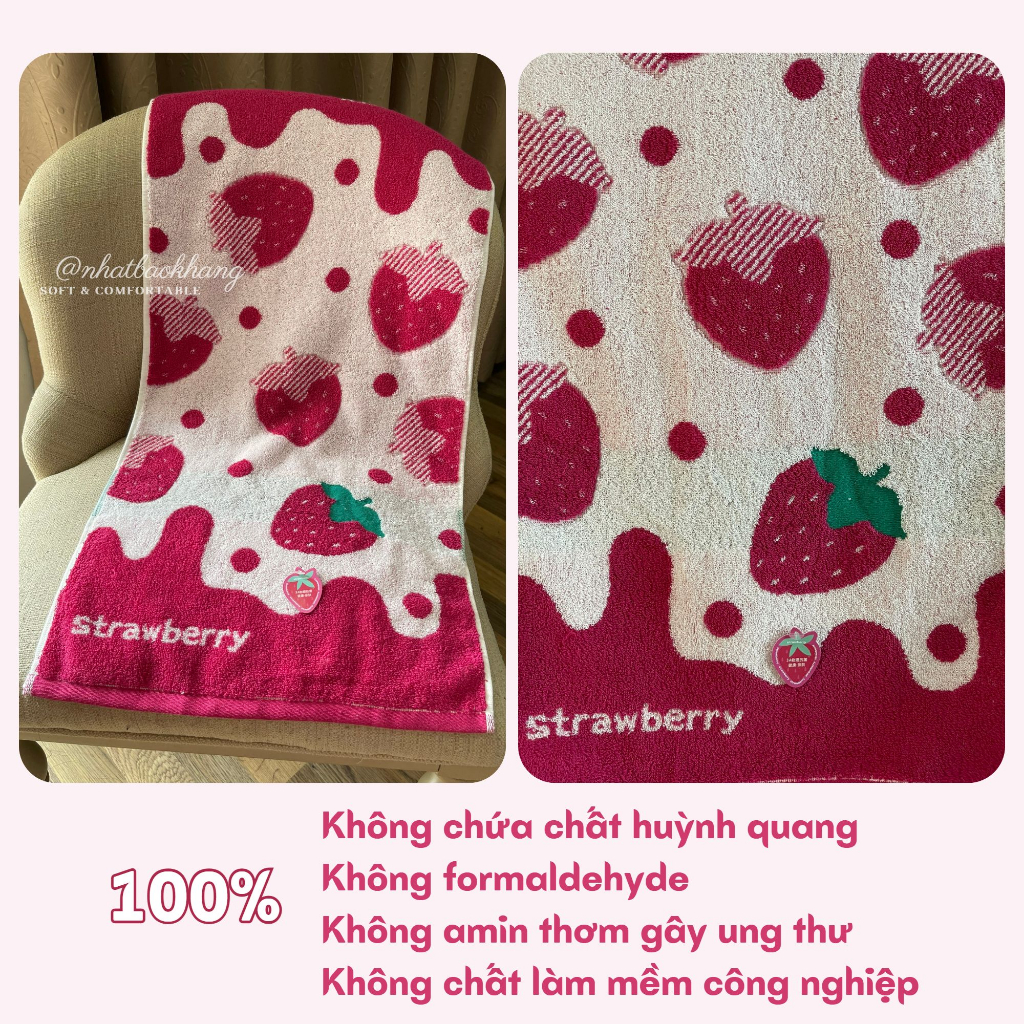 Khăn mặt Cotton cao cấp Họa tiết Kem Dâu Tây 70x35cm, 100% từ sợi bông nguyên chất mềm mại, không rụng lông