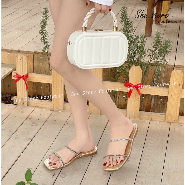 Kho dép shu | Dép đế bệt dép mũi vuông 2 quai ngang đính đá lấp lánh xinh xắn cho nàng