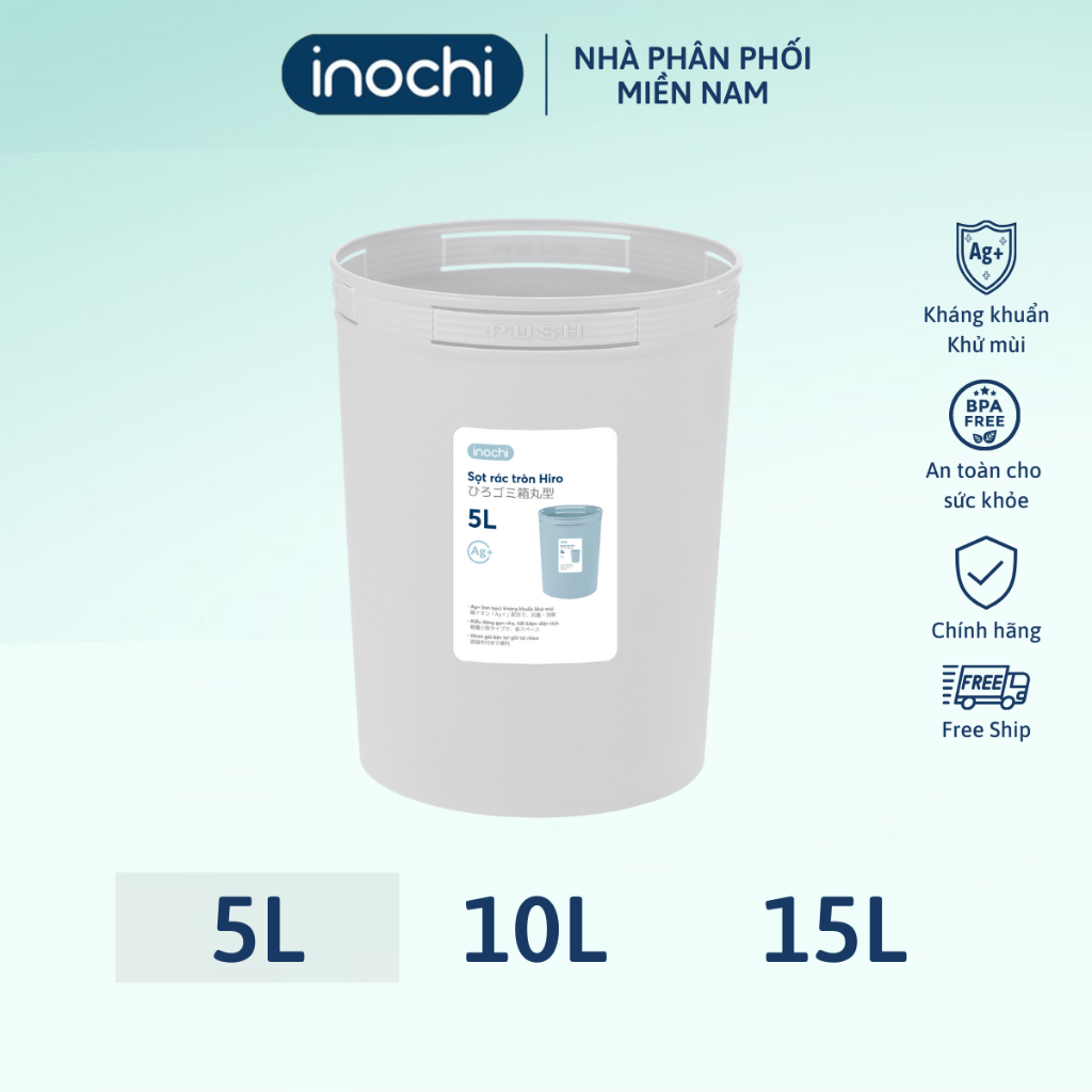 Sọt rác không nắp Hiro 5L Inochi chất liệu nhựa thân thiện, công nghệ ion Ag+ giúp kháng khuẩn khử mùi