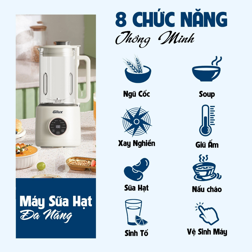 Máy làm sữa hạt Gilux GLJ16 + TẶNG Sách công thức, Máy nấu sữa hạt 1.5L Bảo Hành 12 tháng