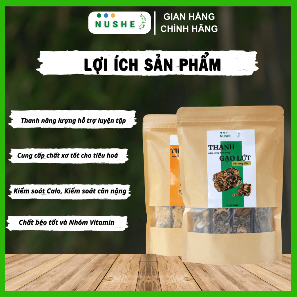 Thanh gạo lứt Nushe Food, Thanh dinh dưỡng, Túi 200g, 1 túi 8-9 thanh, Vị rong biển, Vị chà bông, Healthy Food
