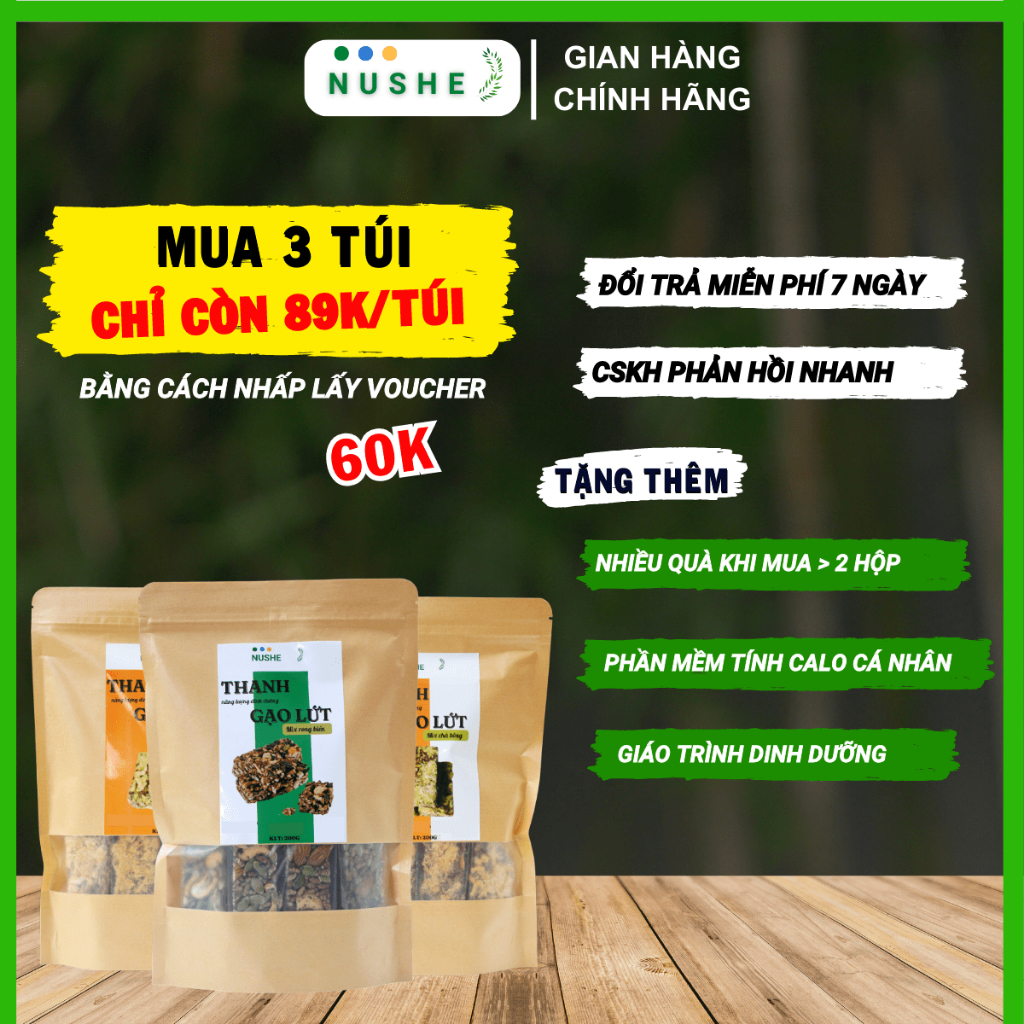 Thanh gạo lứt Nushe Food, Thanh dinh dưỡng, Túi 200g, 1 túi 8-9 thanh, Vị rong biển, Vị chà bông, Healthy Food