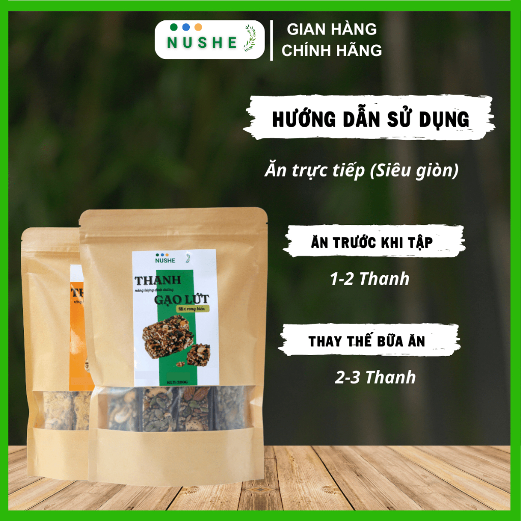 Thanh gạo lứt Nushe Food, Thanh dinh dưỡng, Túi 200g, 1 túi 8-9 thanh, Vị rong biển, Vị chà bông, Healthy Food