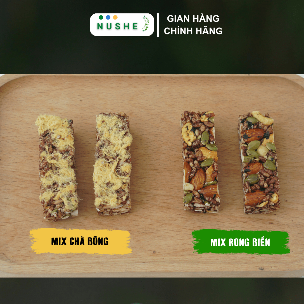 Thanh gạo lứt Nushe Food, Thanh dinh dưỡng, Túi 200g, 1 túi 8-9 thanh, Vị rong biển, Vị chà bông, Healthy Food