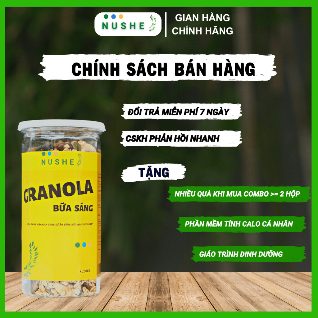 Granola ăn sáng Nushe Food 500g, Ngũ cốc Vip, 40% yến mạch, kiểm soát cân nặng, dinh dưỡng cao