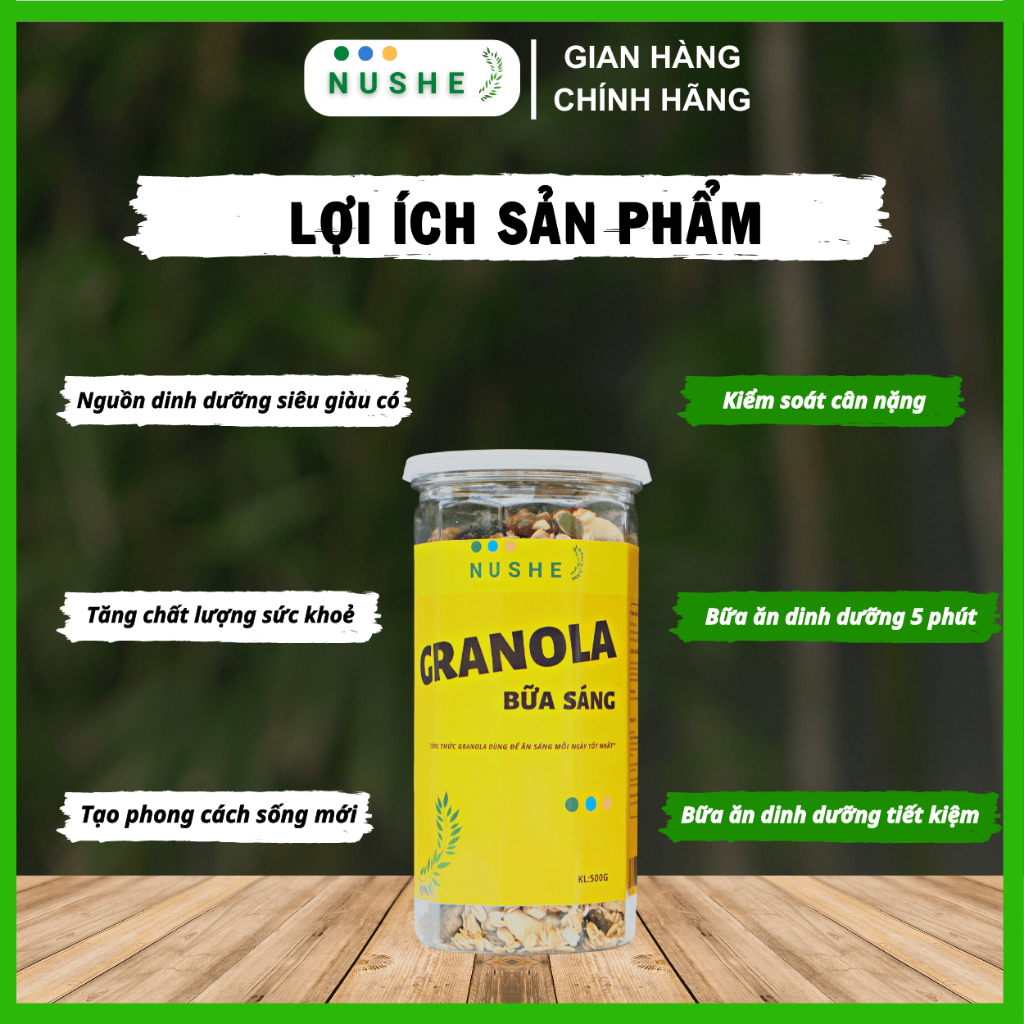 Granola ăn sáng Nushe Food 500g, Ngũ cốc Vip, 40% yến mạch, kiểm soát cân nặng, dinh dưỡng cao