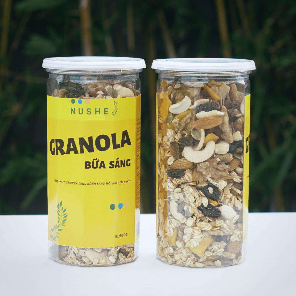 Granola ăn sáng Nushe Food 500g, Ngũ cốc Vip, 40% yến mạch, kiểm soát cân nặng, dinh dưỡng cao