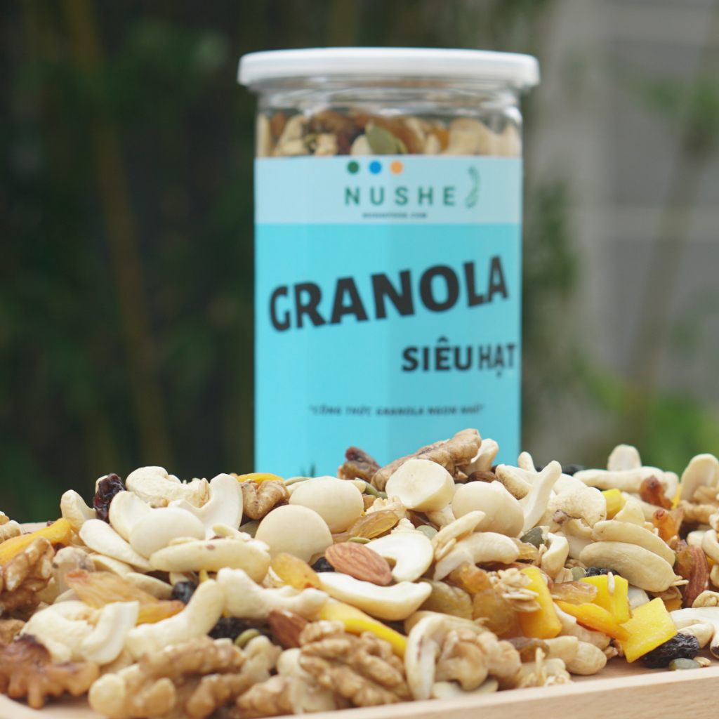 Granola Siêu Hạt, Nushe Food, Giảm Cân, Ăn Vặt, 10% yến mạch, 500gr, ăn kiêng, tăng cân