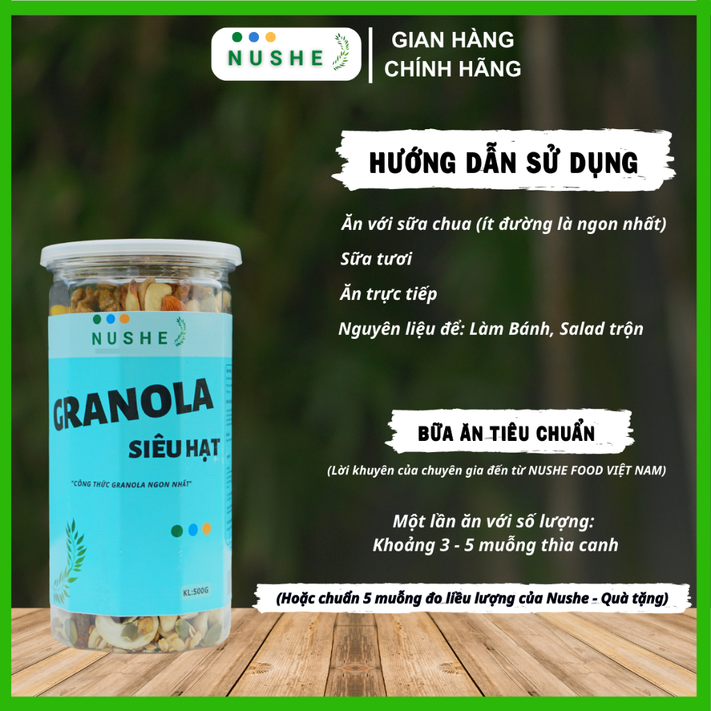 Granola Siêu Hạt, Nushe Food, Giảm Cân, Ăn Vặt, 10% yến mạch, 500gr, ăn kiêng, tăng cân
