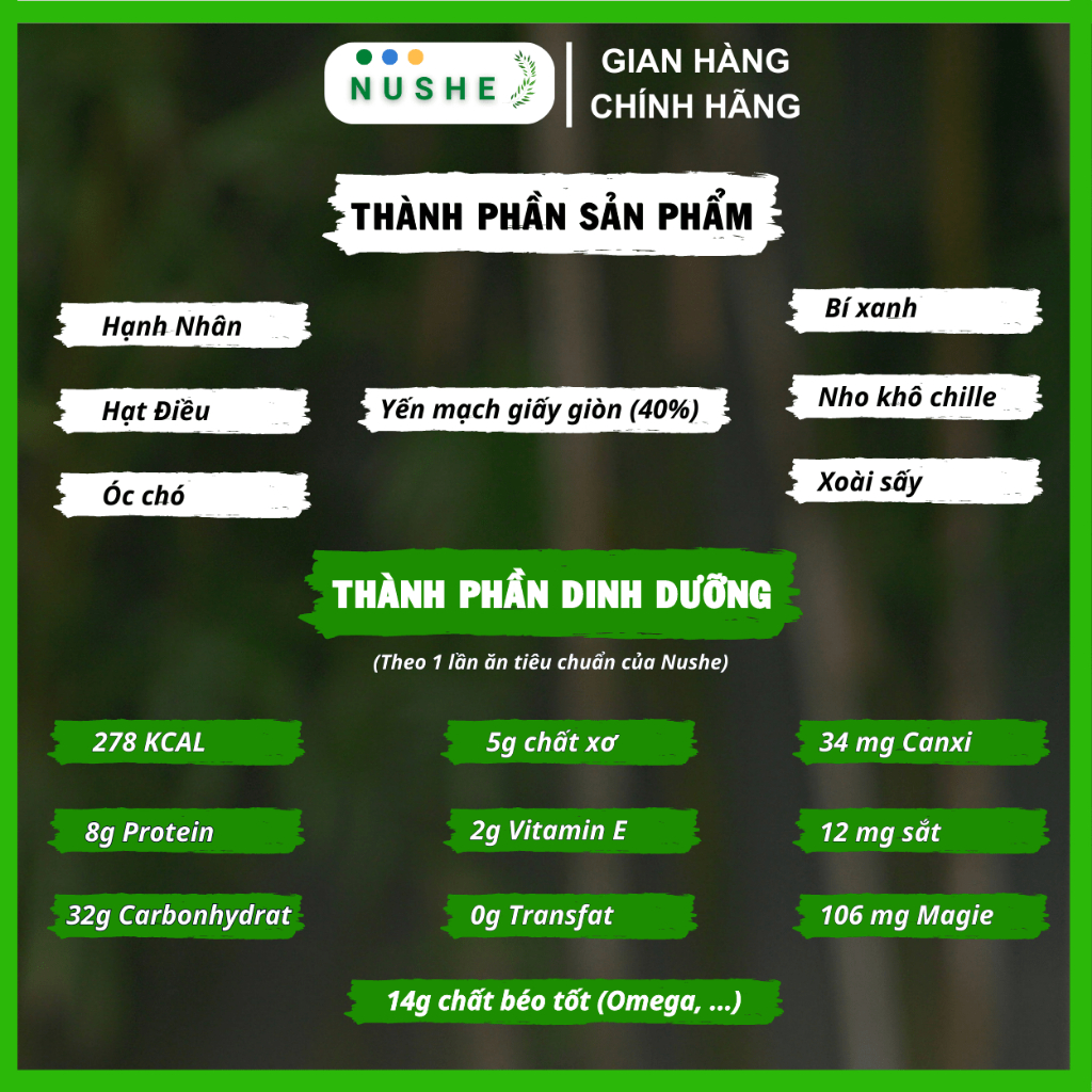 Granola ăn sáng Nushe Food 500g, Ngũ cốc Vip, 40% yến mạch, kiểm soát cân nặng, dinh dưỡng cao