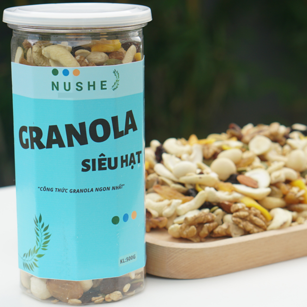 Granola Siêu Hạt, Nushe Food, Giảm Cân, Ăn Vặt, 10% yến mạch, 500gr, ăn kiêng, tăng cân