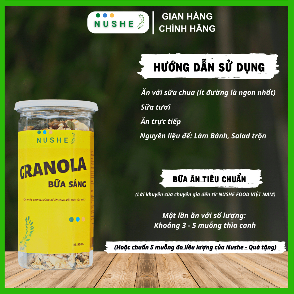 Granola ăn sáng Nushe Food 500g, Ngũ cốc Vip, 40% yến mạch, kiểm soát cân nặng, dinh dưỡng cao