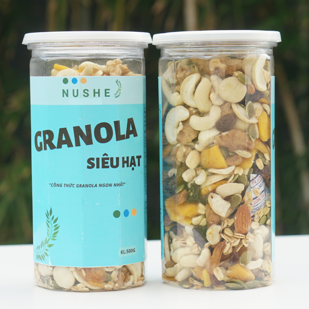 Granola Siêu Hạt, Nushe Food, Giảm Cân, Ăn Vặt, 10% yến mạch, 500gr, ăn kiêng, tăng cân