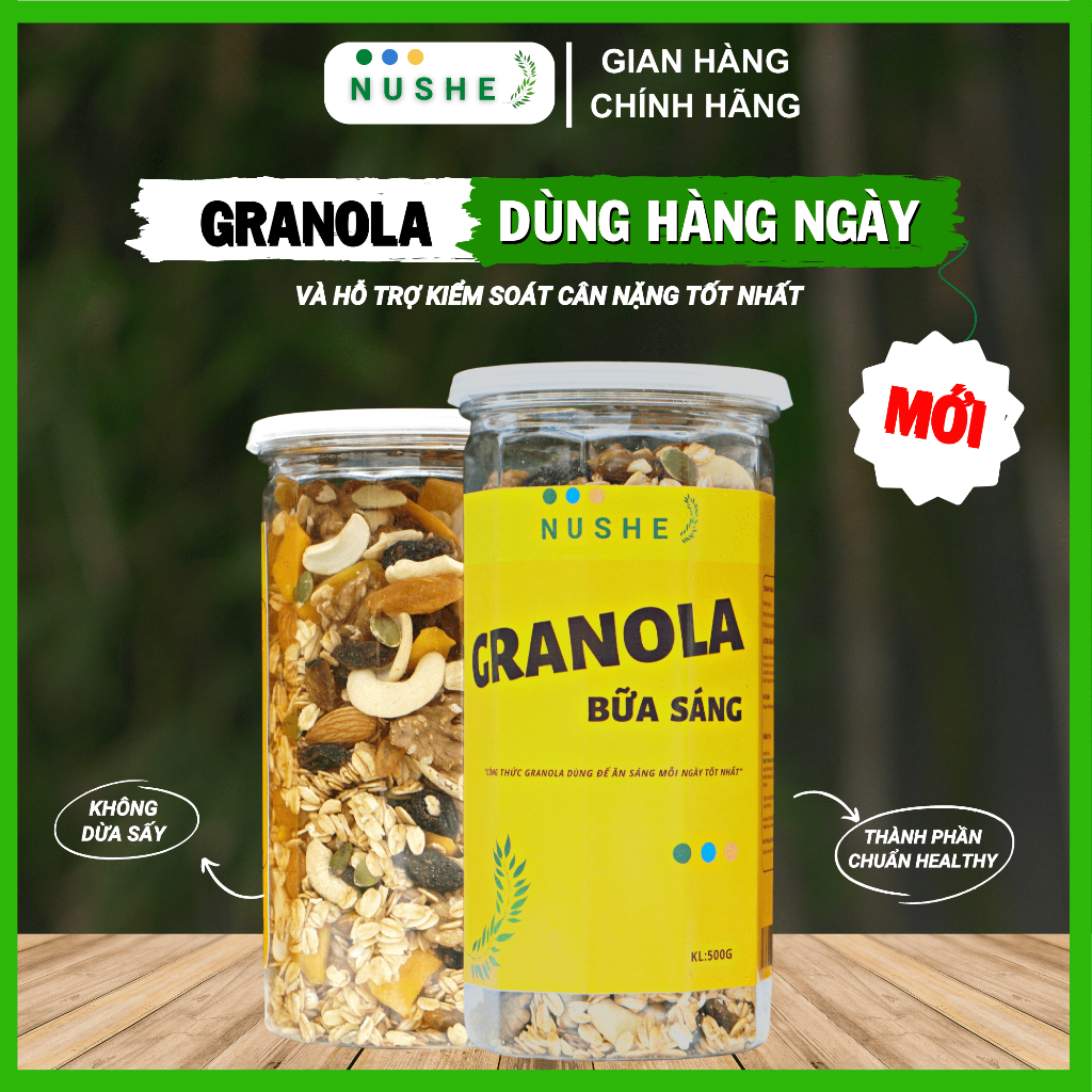 Granola ăn sáng Nushe Food 500g, Ngũ cốc Vip, 40% yến mạch, kiểm soát cân nặng, dinh dưỡng cao