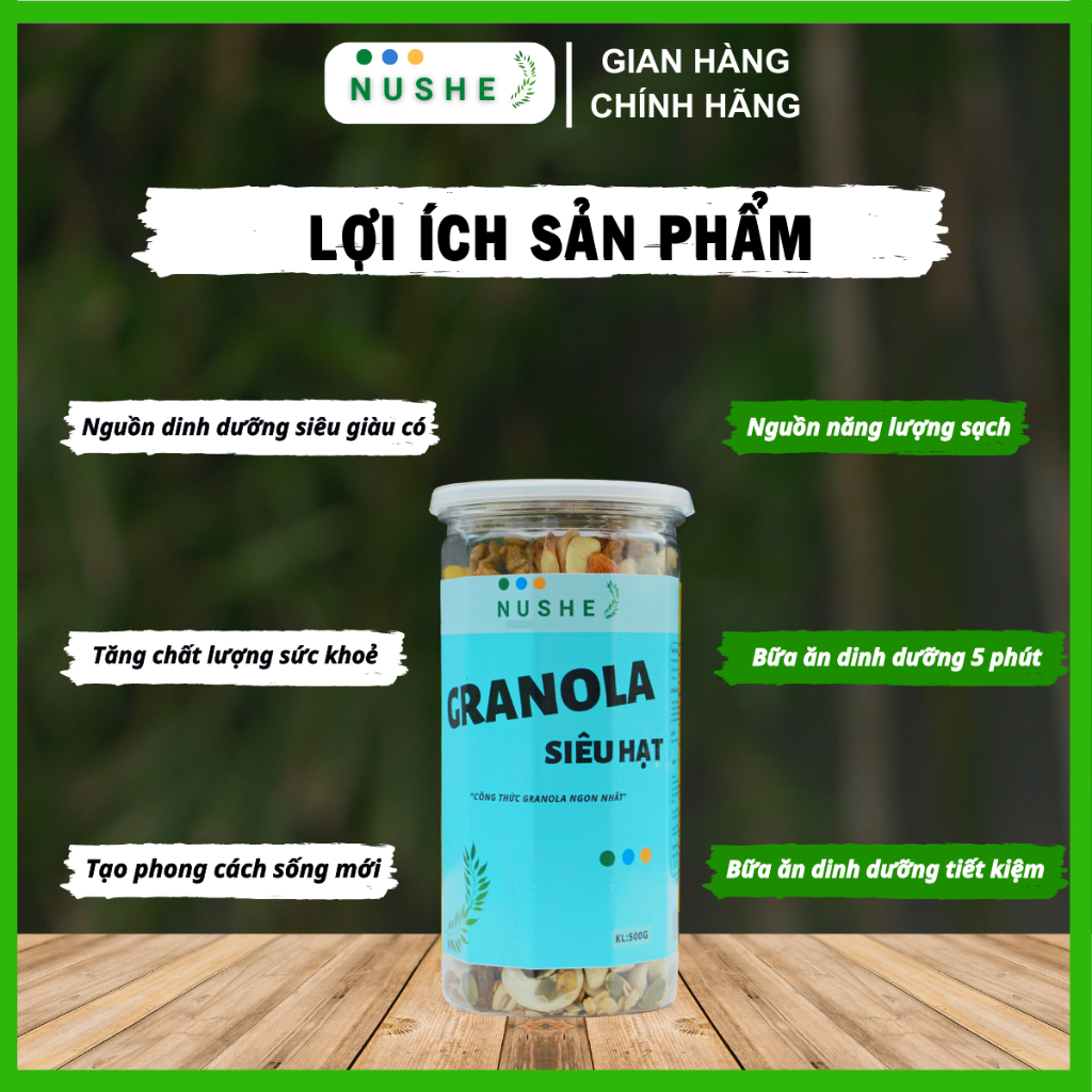 Granola Siêu Hạt, Nushe Food, Giảm Cân, Ăn Vặt, 10% yến mạch, 500gr, ăn kiêng, tăng cân