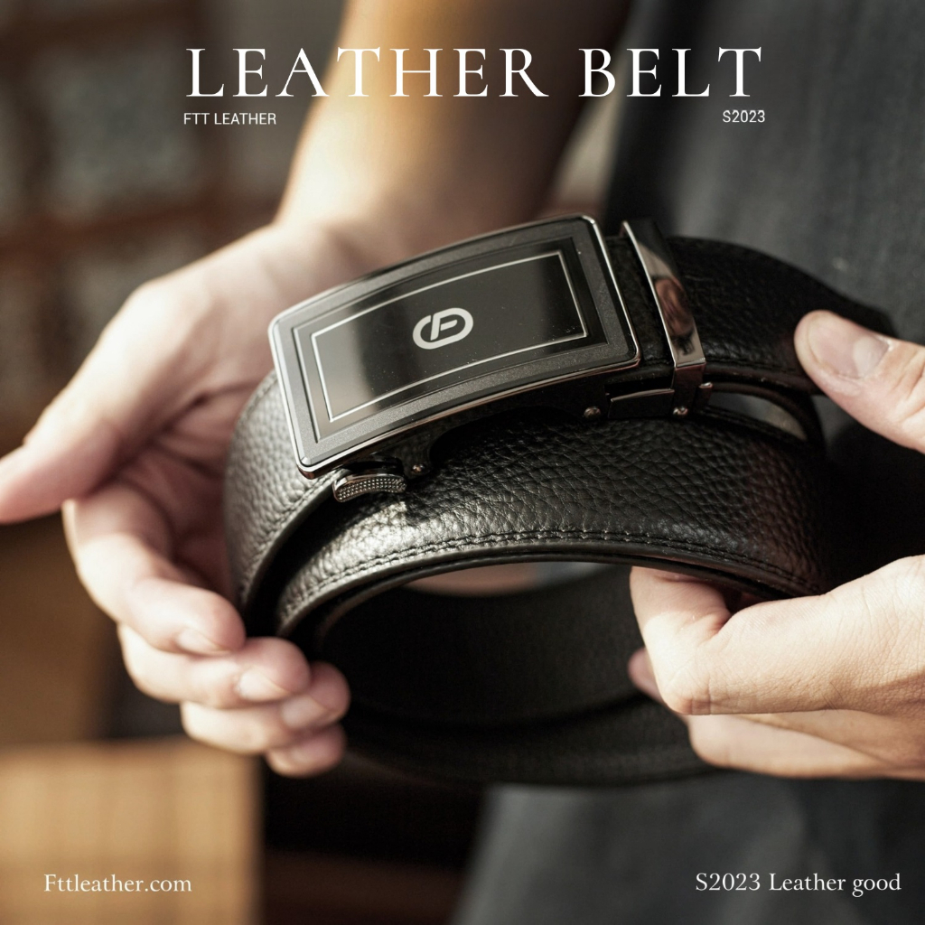 Thắt lưng nam da bò khóa tự động rãnh khấc mặt kính viền nhám FTT Leather màu đen sang trọng, trẻ trung, lịch lãm
