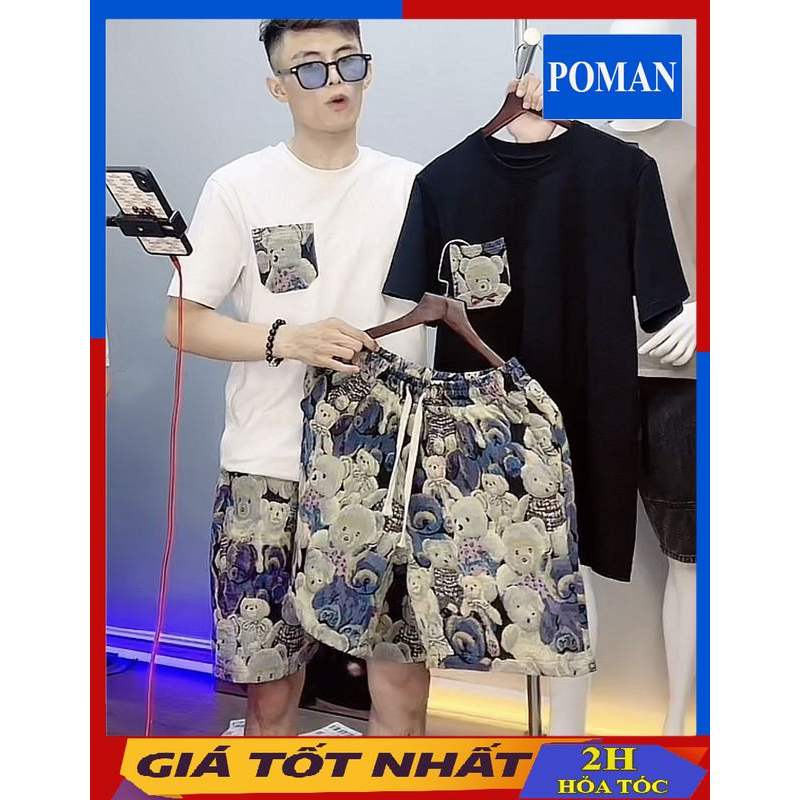 Bộ Thể Thao Nam Cộc Tay Mặc Nhà Chất Gấm Cao Cấp, Bộ Đồ Nam HOT TREND Mới Nhất Thêu Gấu BO16 - POMAN