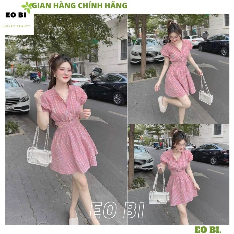 Jumsuit kẻ hồng cổ sơ mi tay bồng thắt nơ sau lưng, Jum kẻ giả váy đan dây chéo lưng điệu đà kiểu dáng hàn quốc - EOBI