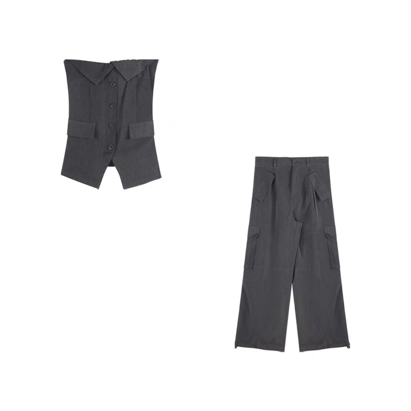 Set áo quây xám, quần túi hộp