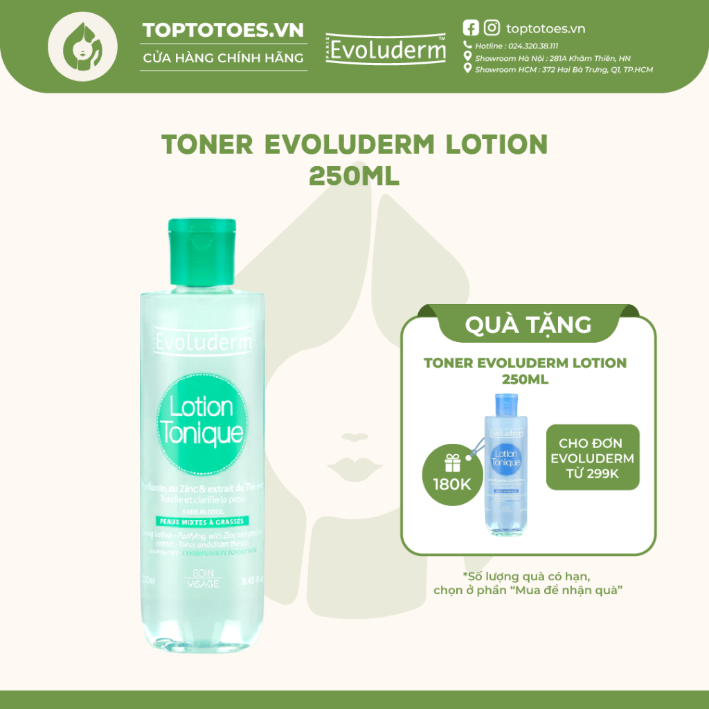 Toner Evoluderm Lotion Tonique kiềm dầu, giảm và ngừa mụn cho da hỗn hợp, da dầu mụn 250ml