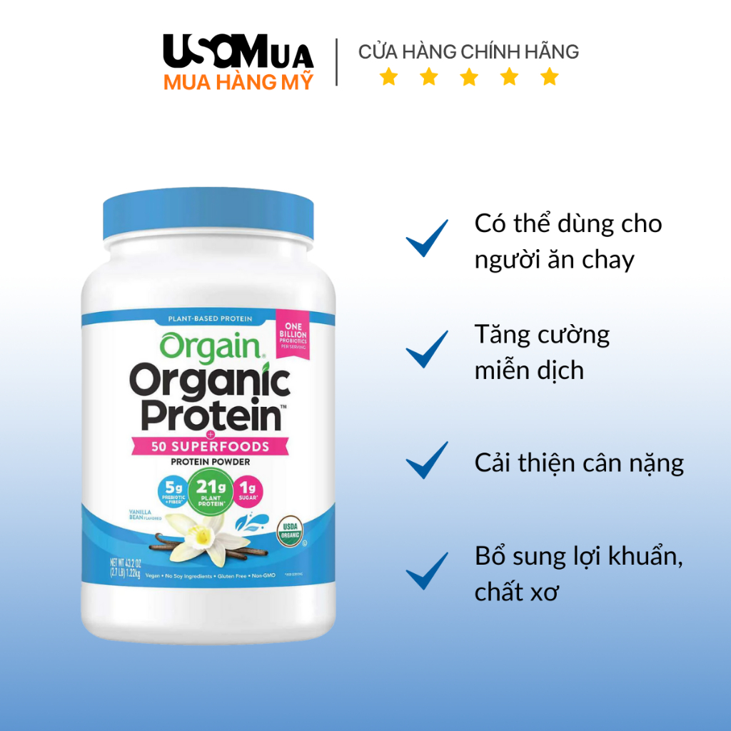 [1.22kg] Bột Đạm Thực Vật Hữu Cơ ORGAIN Organic Protein 50 Superfoods - Vanilla Bean