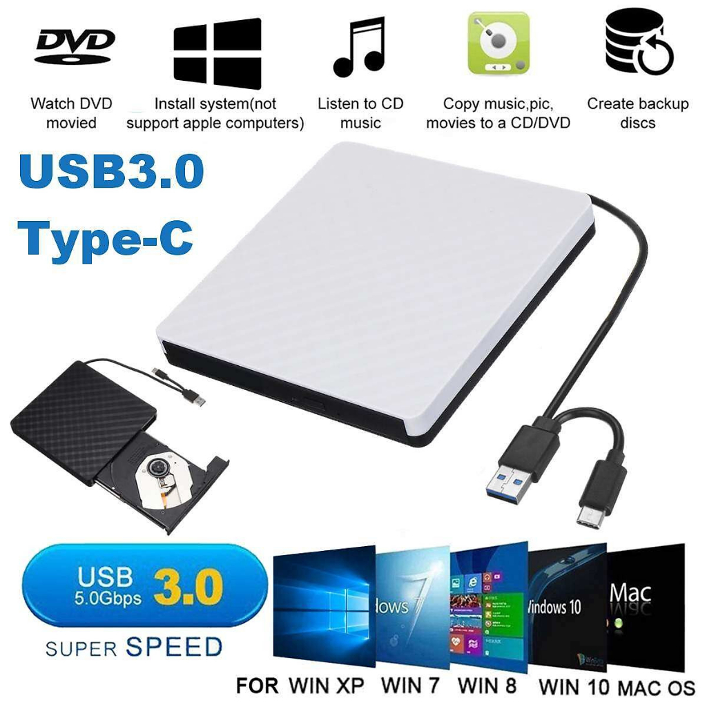 Ổ đĩa quang CD/DVD-RW cắm ngoài USB 3.0-Type-C cho Macbook, Laptop,PC máy tính cây...