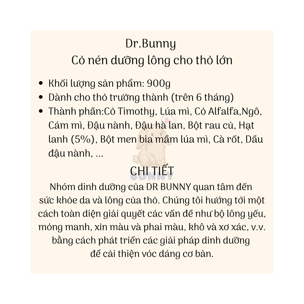 Dr.Bunny Cỏ Nén Dưỡng Lông Cho Thỏ Lớn - Pronutri 900g