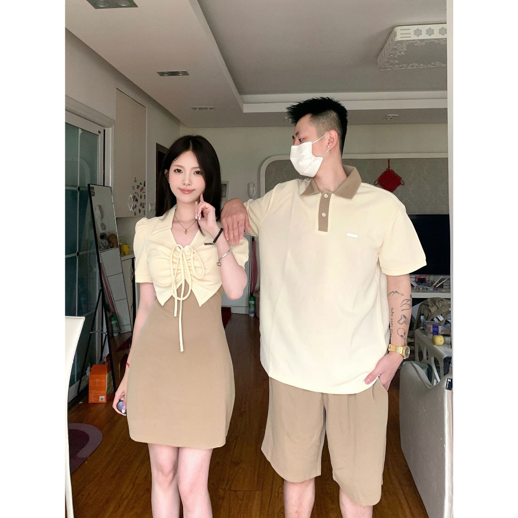 Bộ đồ đôi mùa hè couple Set áo quần sooc nam váy nữ màu be nâu thiết kế mới phong cách Hàn Quốc thời trang cặp đôi TL08