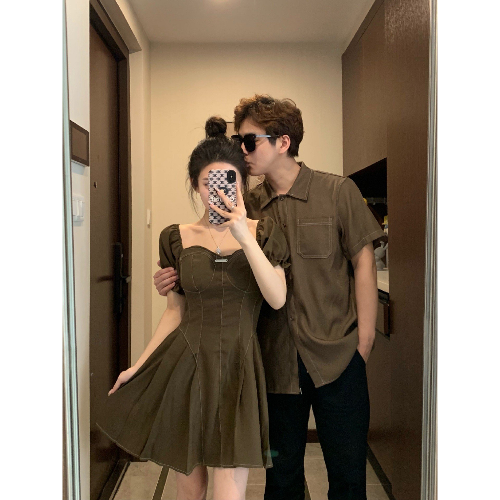 Set đồ đôi nam nữ Áo sơ mi nam váy nữ xoè tiểu thư màu nâu Hàn quốc thiết kế may đường chỉ cực sang hàng Quảng Châu TL06