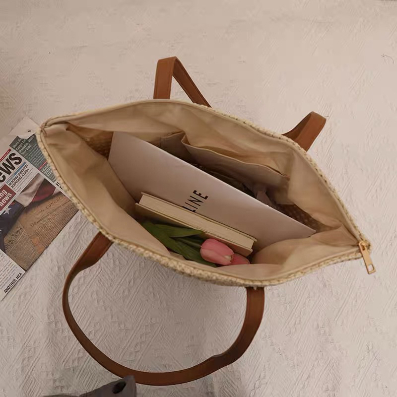 Túi cói dây da có khoá kéo - túi tote cói đan xương cá đi biển