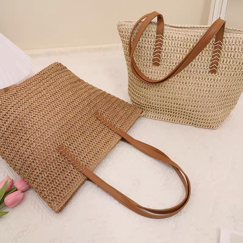Túi cói dây da có khoá kéo - túi tote cói đan xương cá đi biển