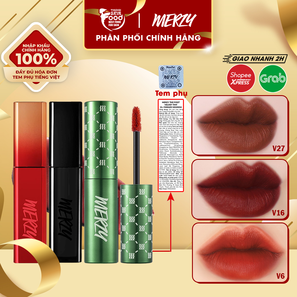 Son kem lì, siêu mịn Hàn Quốc Merzy The First Velvet Tint (V6 Green vỏ xanh, V16,V17)